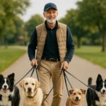 Gassi-Service spaziert mit vier Hunden im Park.