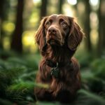 Irish Setter im Wald, aufmerksam blickend