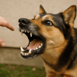 Hund mit gefletschten Zähnen begegnet Hand