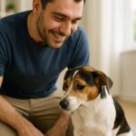 Lächelnder Mann Drohsignale für den Hund