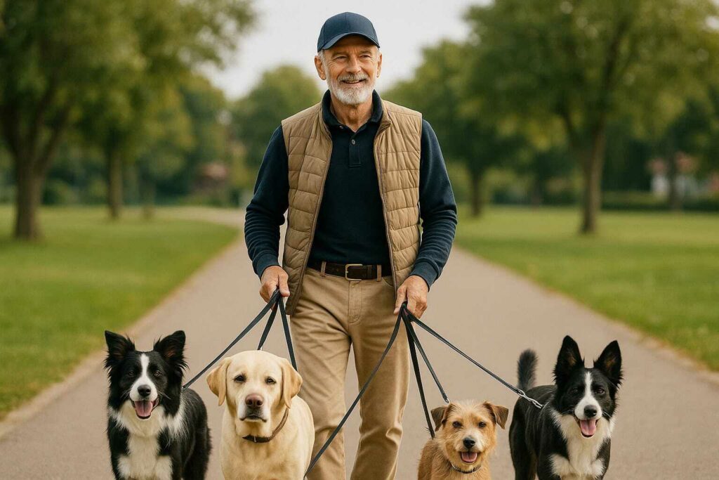 Gassi-Service spaziert mit vier Hunden im Park.